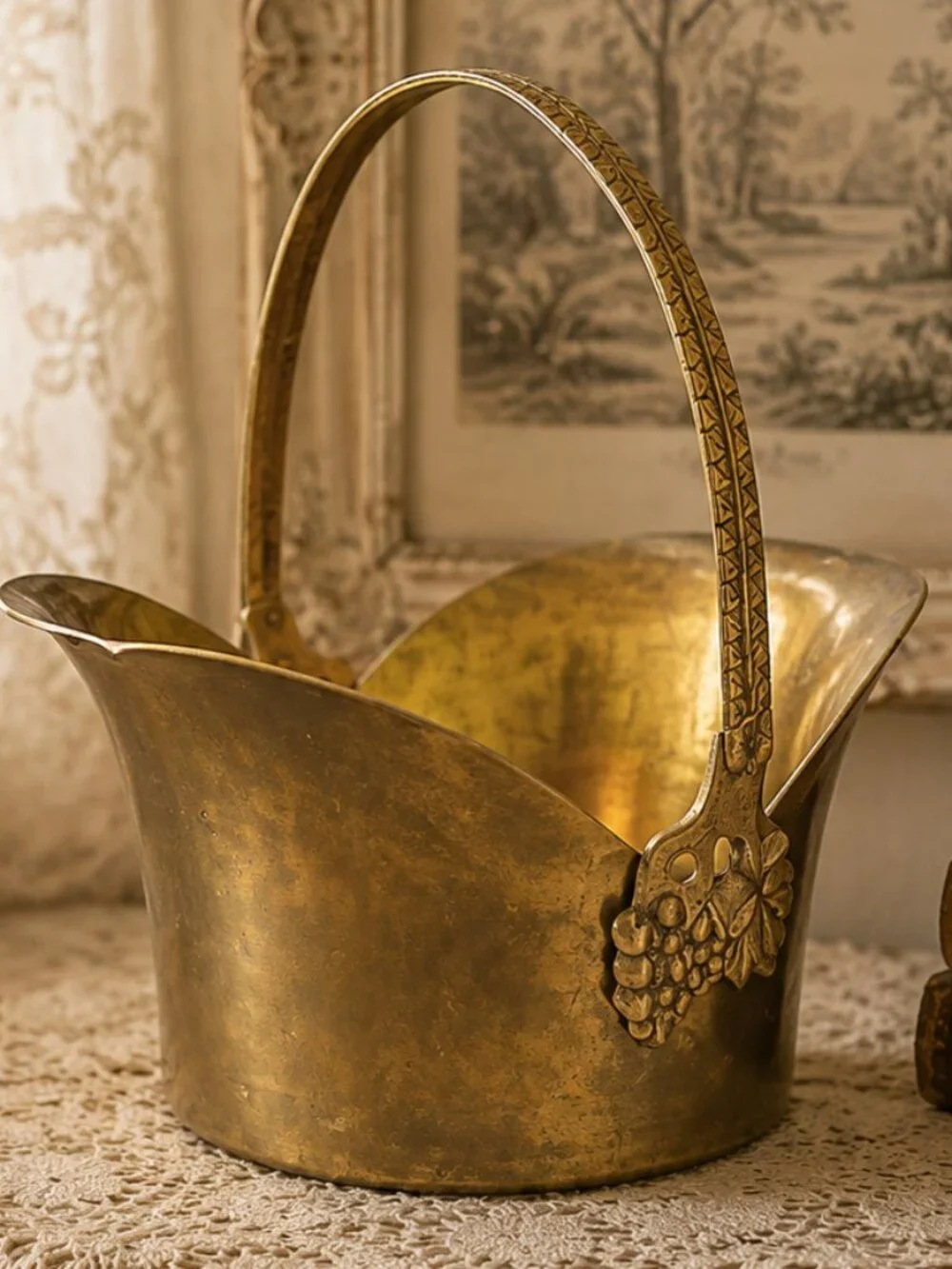 Vintage Solid Brass Basket Planter With Braided Handle and Grape Details